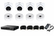 Eagle Analogue 4-camera CCTV kit contents including four dome cameras, four junction back boxes, a black DVR recorder, four BNC cables, a power supply adaptor, and a multi-power lead