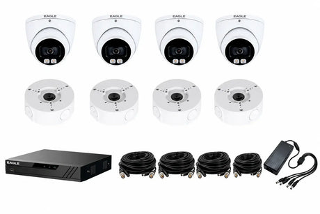 Eagle Analogue 4-camera CCTV kit contents including four dome cameras, four junction back boxes, a black DVR recorder, four BNC cables, a power supply adaptor, and a multi-power lead