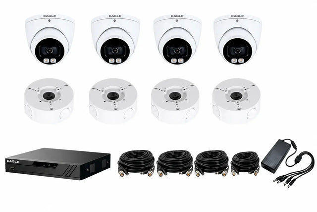 Eagle Analogue 4-camera CCTV kit contents including four dome cameras, four junction back boxes, a black DVR recorder, four BNC cables, a power supply adaptor, and a multi-power lead