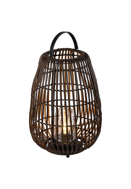 Eastham 30cm Rattan Plastic Portable Lamp, 24V DC, 1 x E27, c/w 1m 0.75mm² Cable, Male Connection, IP44, Brown, 2yrs Warranty