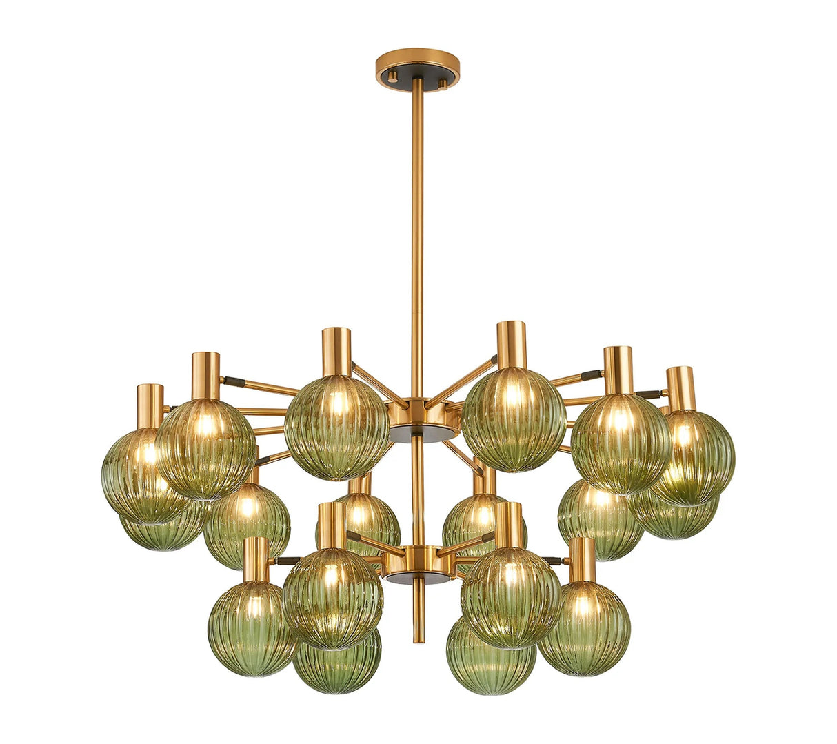 Ekwah Fixed Pendant/Semi Flush Adjustable Arms, 18 Light G9, Brass/Black/Moss Green Glass Shade