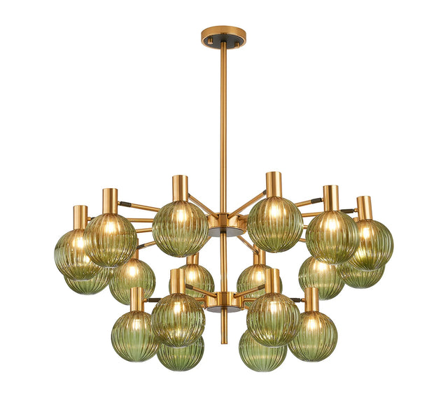 Ekwah Fixed Pendant/Semi Flush Adjustable Arms, 18 Light G9, Brass/Black/Moss Green Glass Shade