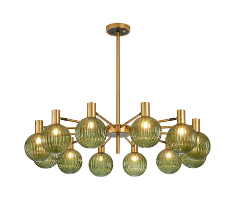 Ekwah Fixed Pendant/Semi Flush Adjustable Arms, 12 Light G9, Brass/Black/Moss Green Glass Shade