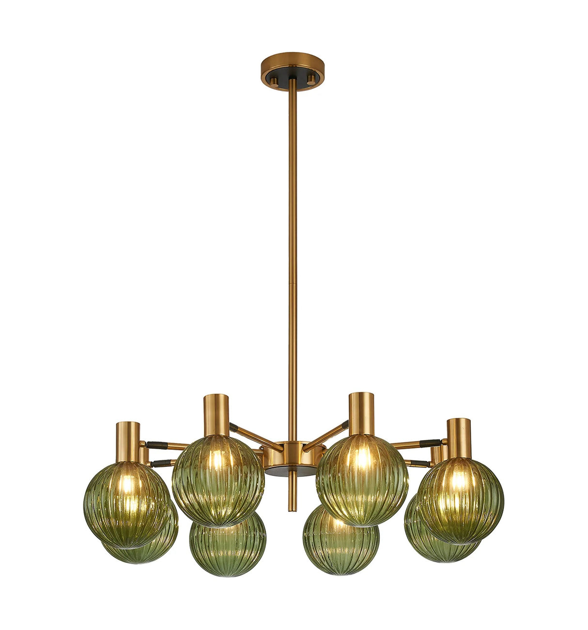 Ekwah Fixed Pendant/Semi Flush Adjustable Arms, 8 Light G9, Brass/Black/Moss Green Glass Shade
