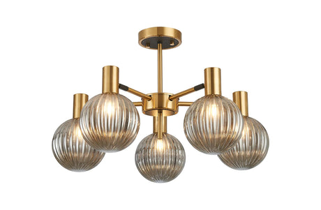 Ekwah Semi Ceiling Adjustable Arms, 5 Light G9, Brass/Black/Smoke Glass Shade