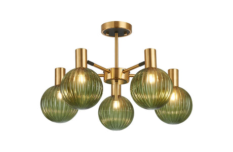 Ekwah Semi Ceiling Adjustable Arms, 5 Light G9, Brass/Black/Moss Green Glass Shade