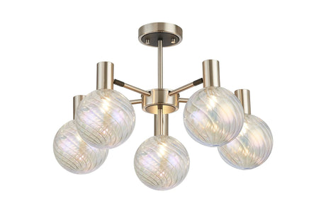 Ekwah Semi Ceiling Adjustable Arms, 5 Light G9, Satin Nickel/Black/7 Colour Iridescent Glass Shade