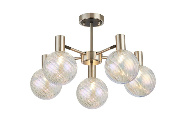Ekwah Semi Ceiling Adjustable Arms, 5 Light G9, Satin Nickel/Black/7 Colour Iridescent Glass Shade