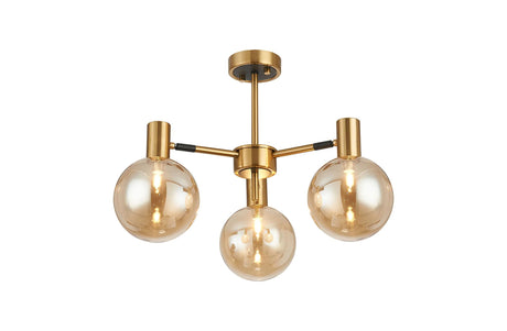 Ekwah Semi Ceiling Adjustable Arms, 3 Light G9, Brass/Black/Amber Glass Shade
