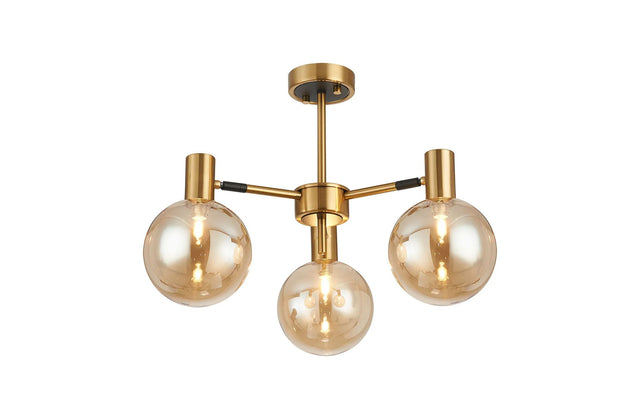 Ekwah Semi Ceiling Adjustable Arms, 3 Light G9, Brass/Black/Amber Glass Shade