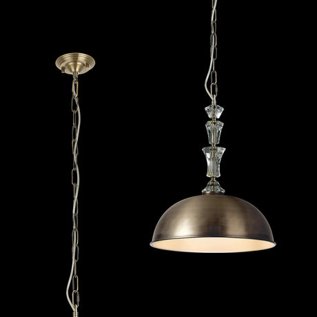 Embieton Crystal Pendant, 1 Light E27, Antique Brass/Clear Crystal/Antique Brass 35cm Dome Metal Shade