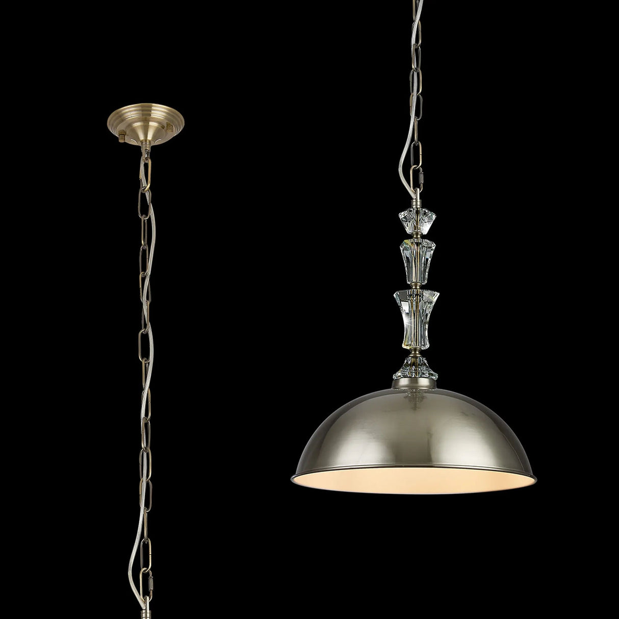 Embieton Crystal Pendant, 1 Light E27, Antique Brass/Clear Crystal/Brushed Nickel 35cm Dome Metal Shade
