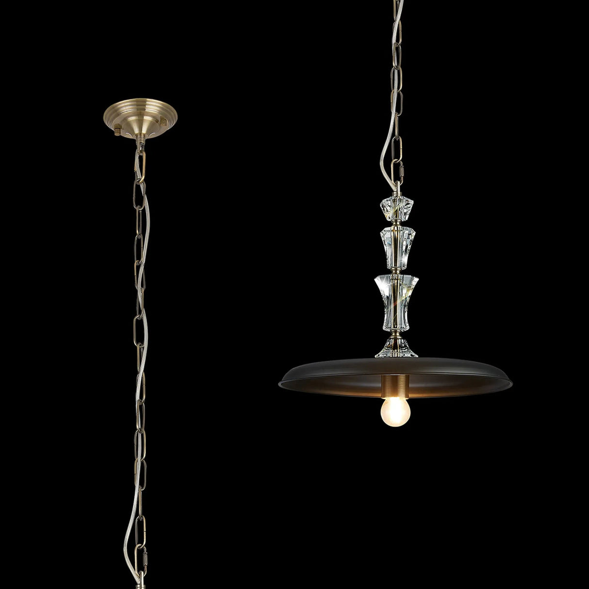 Embieton Crystal Pendant, 1 Light E27, Antique Brass/Clear Crystal/Black 35cm Flat Metal Shade