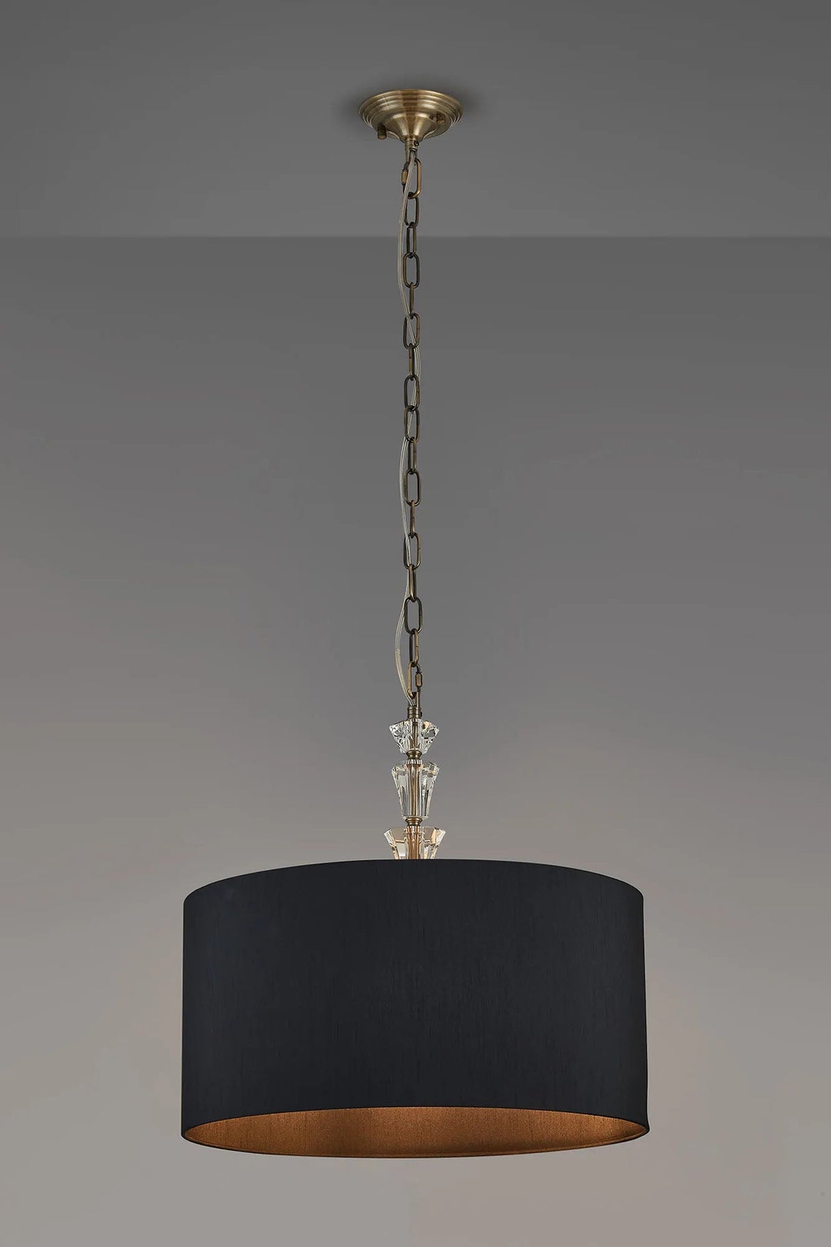 Embieton 2m Crystal Pendant, 1 Light E27, Antique Brass/Clear Crystal/Black 50x25cm Faux Silk Shade