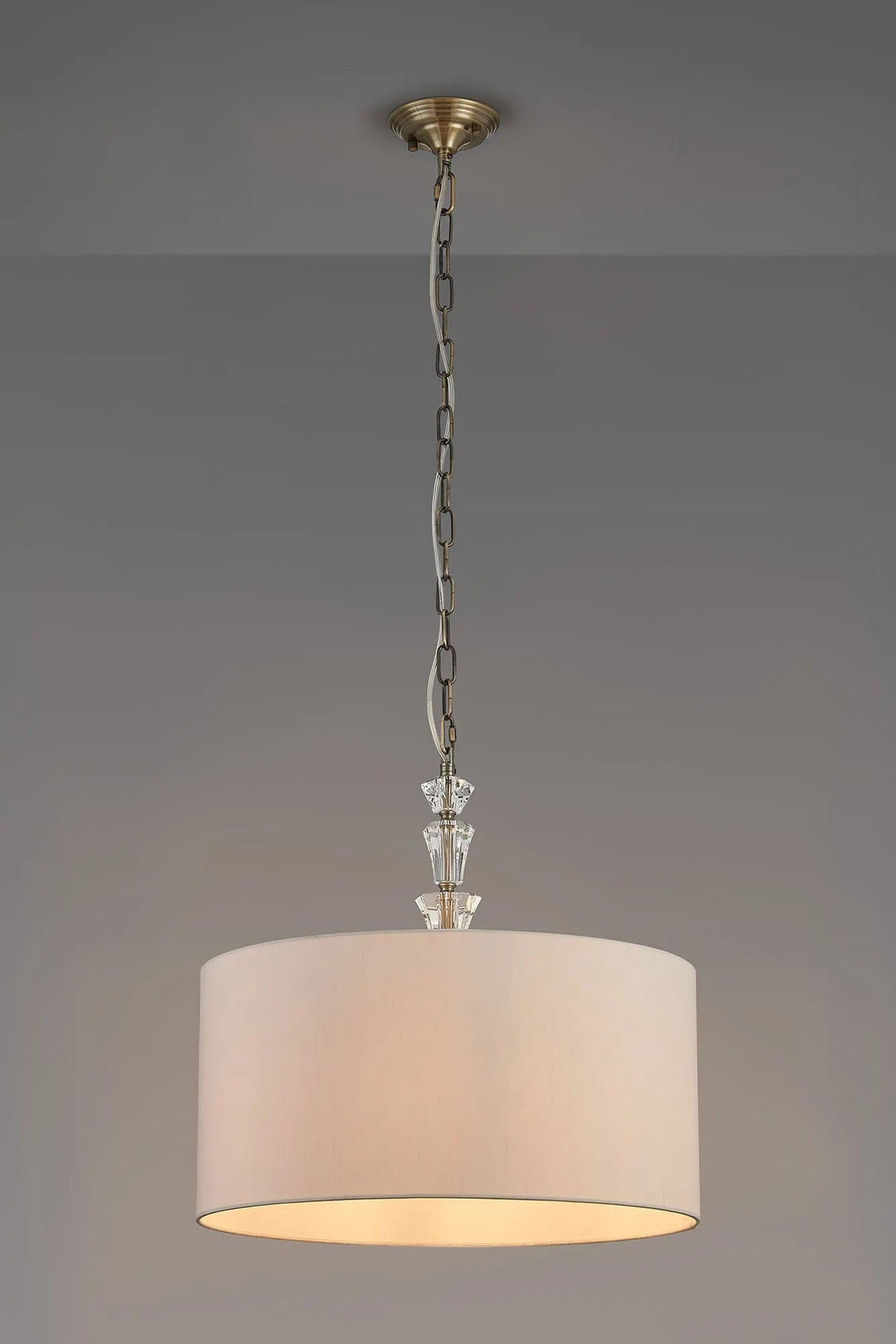 Embieton 2m Crystal Pendant, 1 Light E27, Antique Brass/Clear Crystal/Ivory 50x25cm Faux Silk Shade