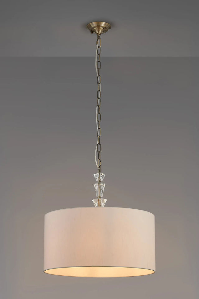Embieton 2m Crystal Pendant, 1 Light E27, Antique Brass/Clear Crystal/Ivory 50x25cm Faux Silk Shade