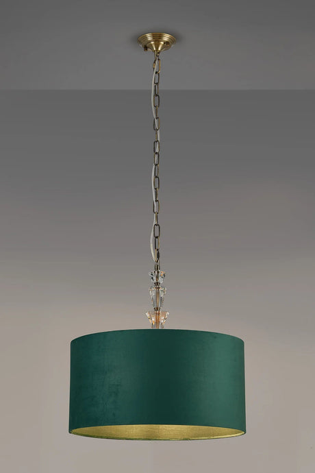 Embieton 2m Crystal Pendant, 1 Light E27, Antique Brass/Clear Crystal/Forest Green 50x25cm Velvet Shade
