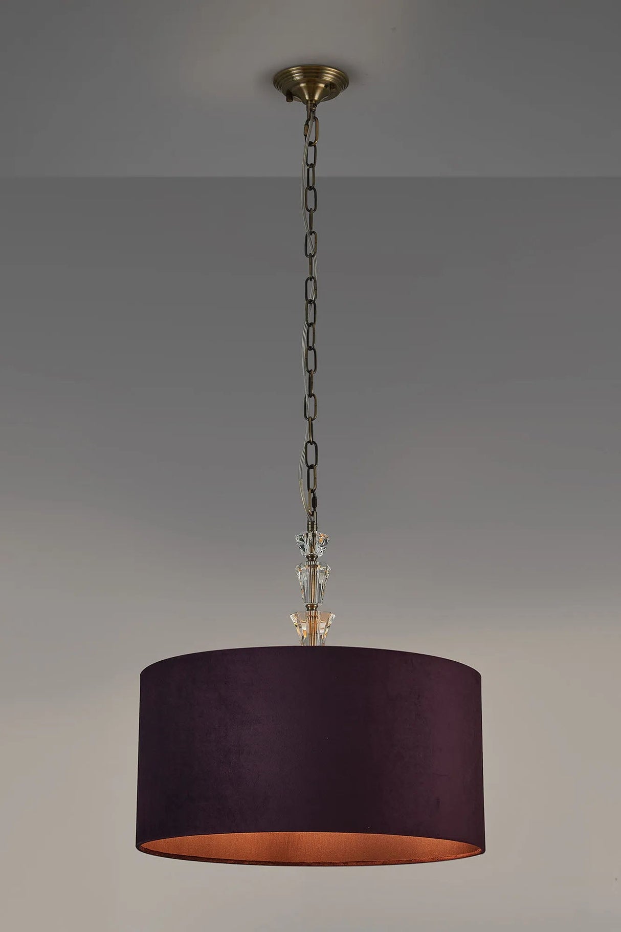 Embieton 2m Crystal Pendant, 1 Light E27, Antique Brass/Clear Crystal/Aubergine 50x25cm Velvet Shade