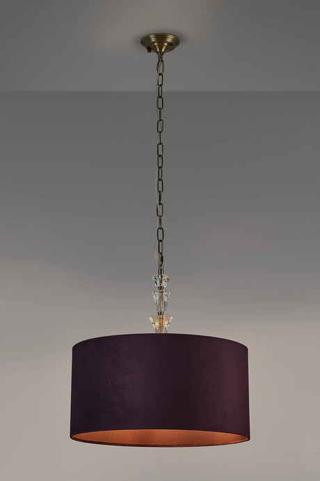 Embieton 2m Crystal Pendant, 1 Light E27, Antique Brass/Clear Crystal/Aubergine 50x25cm Velvet Shade