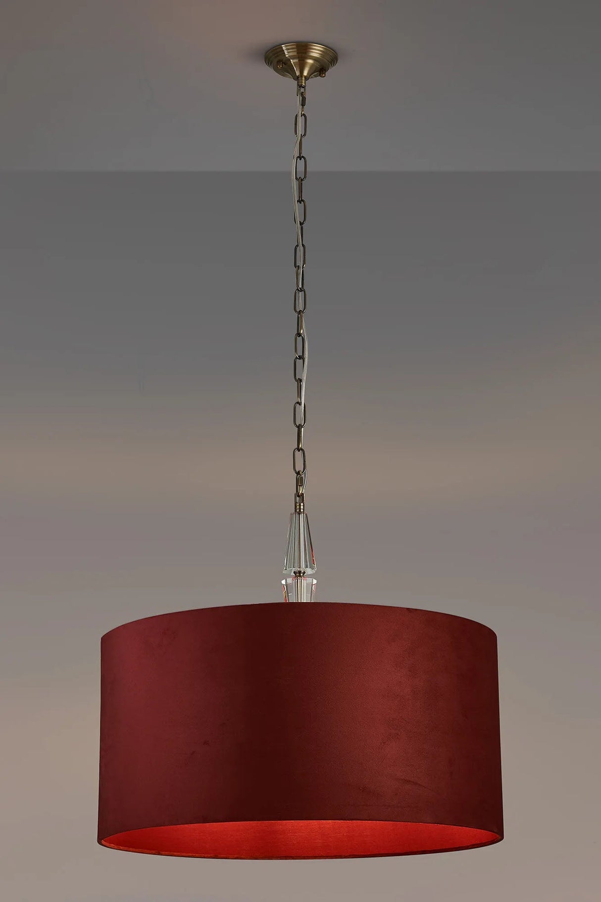 Embieton 2m Crystal Pendant, 1 Light E27, Antique Brass/Clear Crystal/Oxblood 60x30cm Velvet Shade