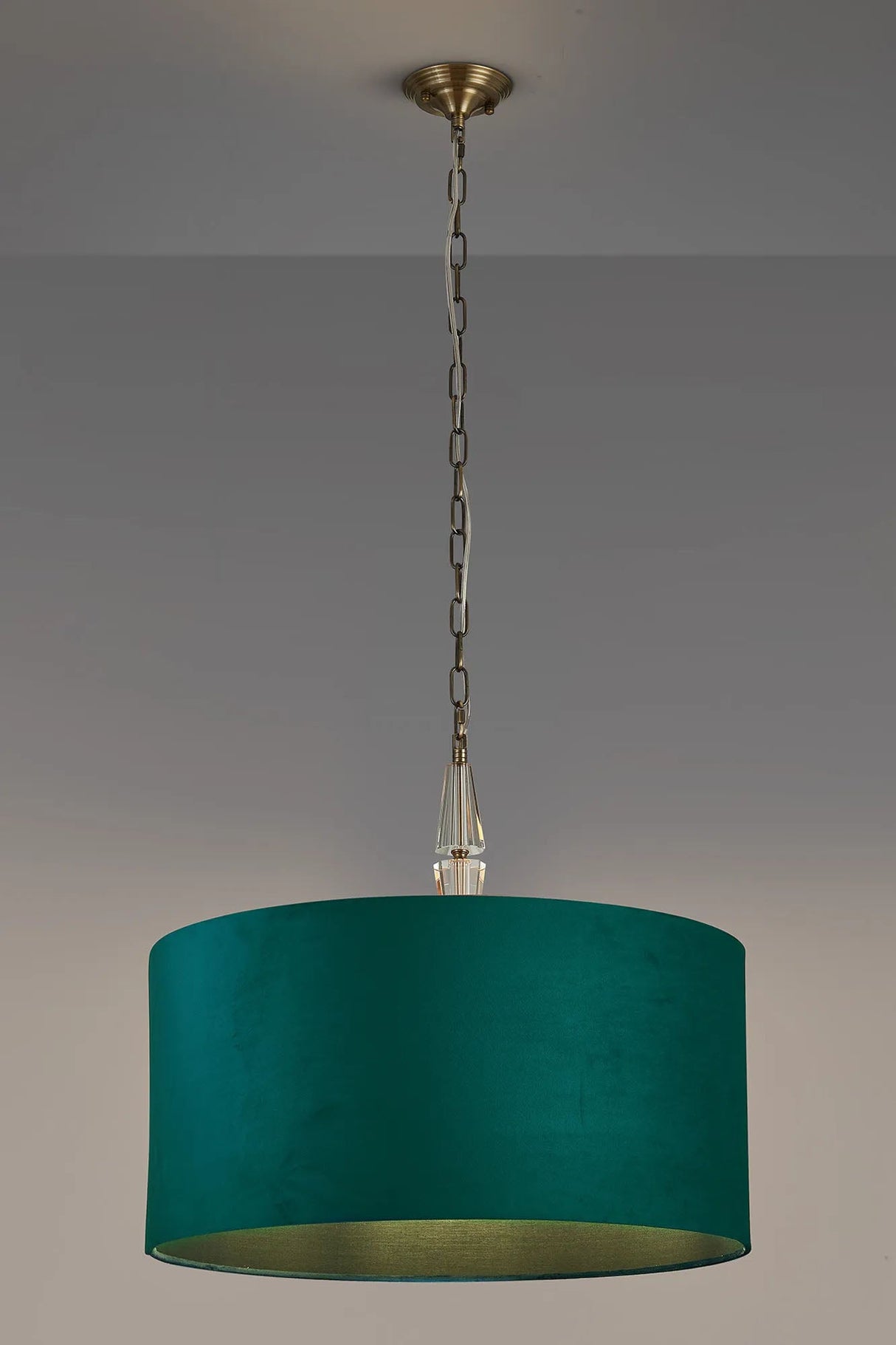Embieton 2m Crystal Pendant, 1 Light E27, Antique Brass/Clear Crystal/Teal 60x30cm Velvet Shade