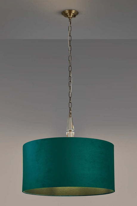 Embieton 2m Crystal Pendant, 1 Light E27, Antique Brass/Clear Crystal/Teal 60x30cm Velvet Shade