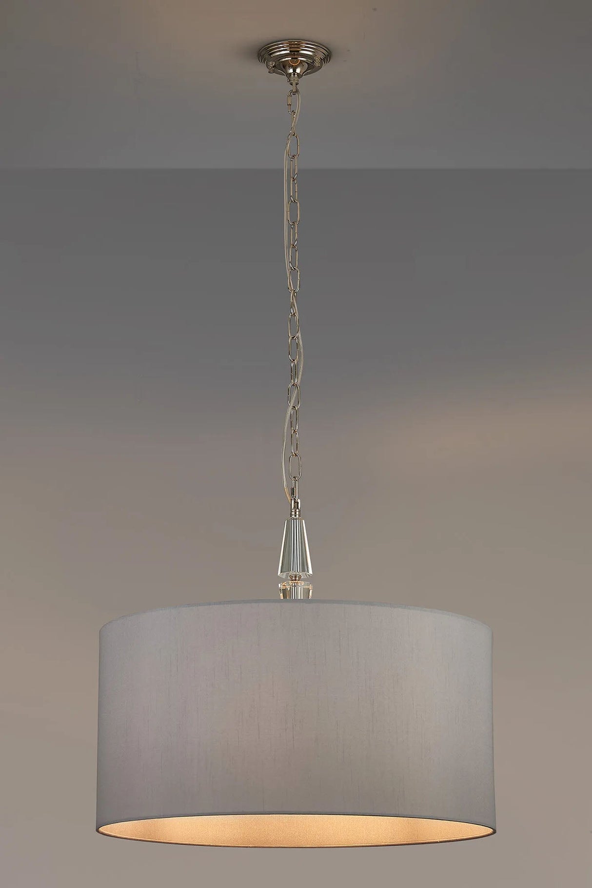 Embieton 2m Crystal Pendant, 1 Light E27, Antique Brass/Clear Crystal/Lunar 60x30cm Faux Silk Shade