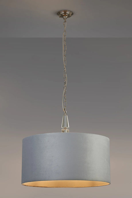 Embieton 2m Crystal Pendant, 1 Light E27, Antique Brass/Clear Crystal/Light Grey 60x30cm Velvet Shade