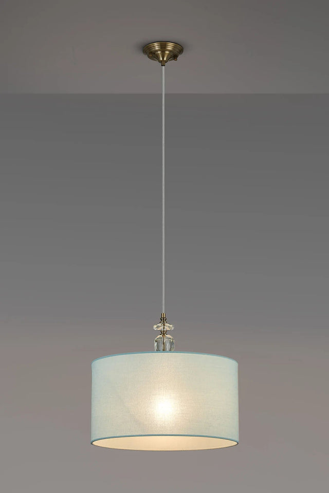 Embieton 1.9m Crystal Pendant, 1 Light E27, Antique Brass/Clear Crystal/Duck Egg 40x22cm Linen Shade
