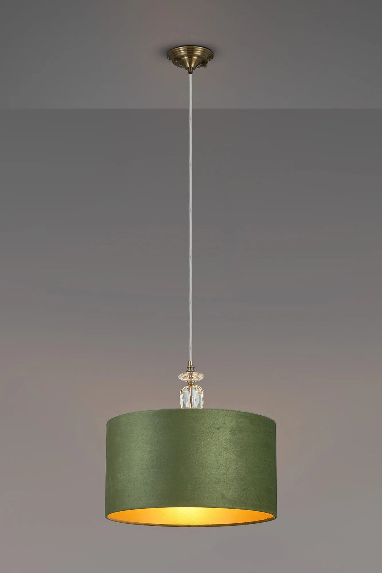 Embieton 1.9m Crystal Pendant, 1 Light E27, Antique Brass/Clear Crystal/Moss Green/Gold 40x22cm Velvet Shade