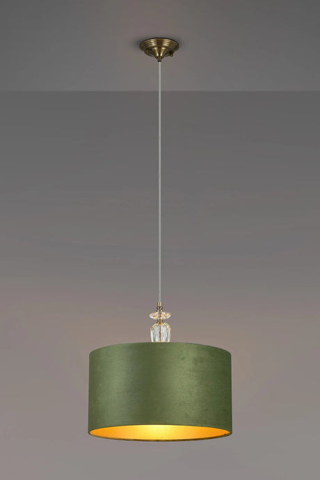Embieton 1.9m Crystal Pendant, 1 Light E27, Antique Brass/Clear Crystal/Moss Green/Gold 40x22cm Velvet Shade