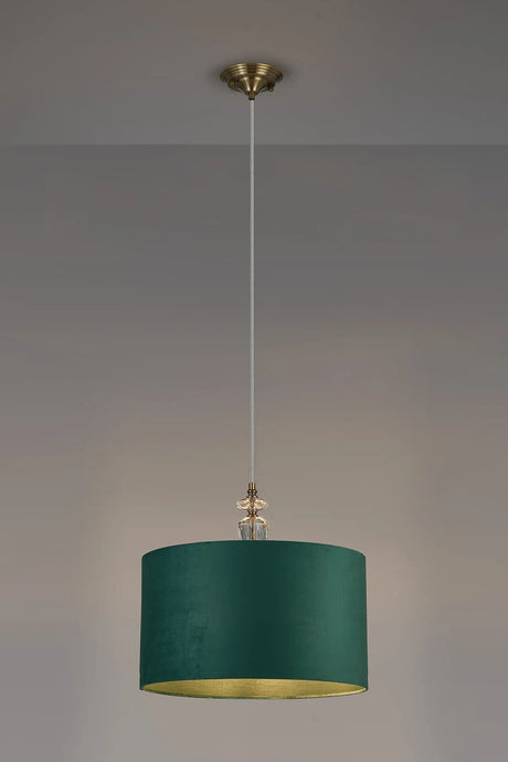 Embieton 1.9m Crystal Pendant, 1 Light E27, Antique Brass/Clear Crystal/Forest Green 40x22cm Velvet Shade