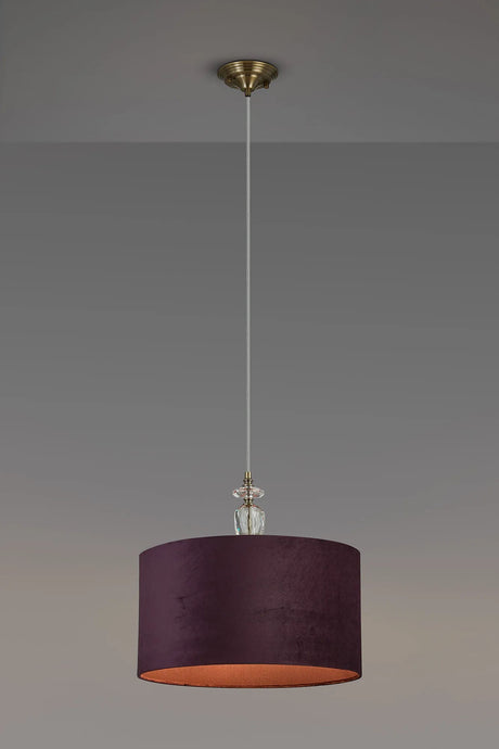 Embieton 1.9m Crystal Pendant, 1 Light E27, Antique Brass/Clear Crystal/Aubergine 40x22cm Velvet Shade
