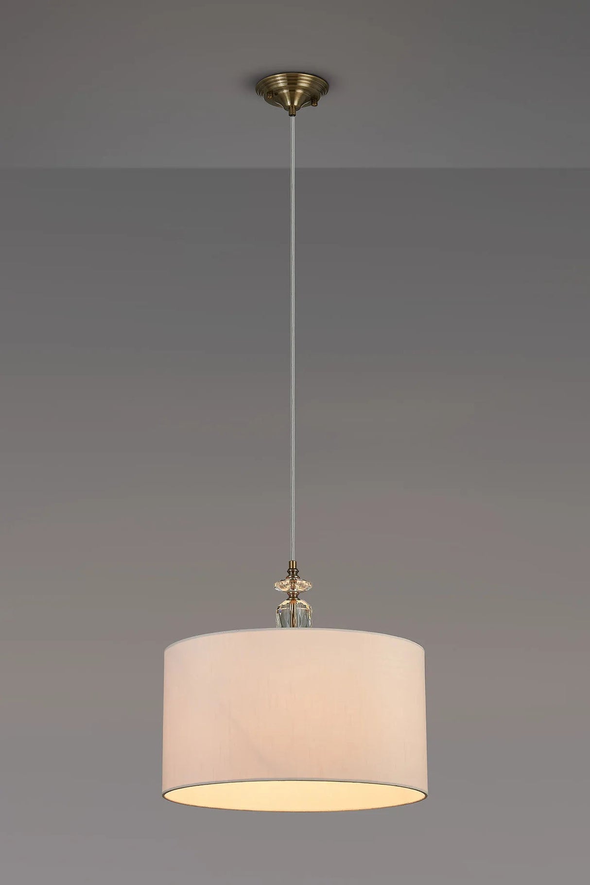 Embieton 1.9m Crystal Pendant, 1 Light E27, Antique Brass/Clear Crystal/Ivory 40x22cm Faux Silk Shade