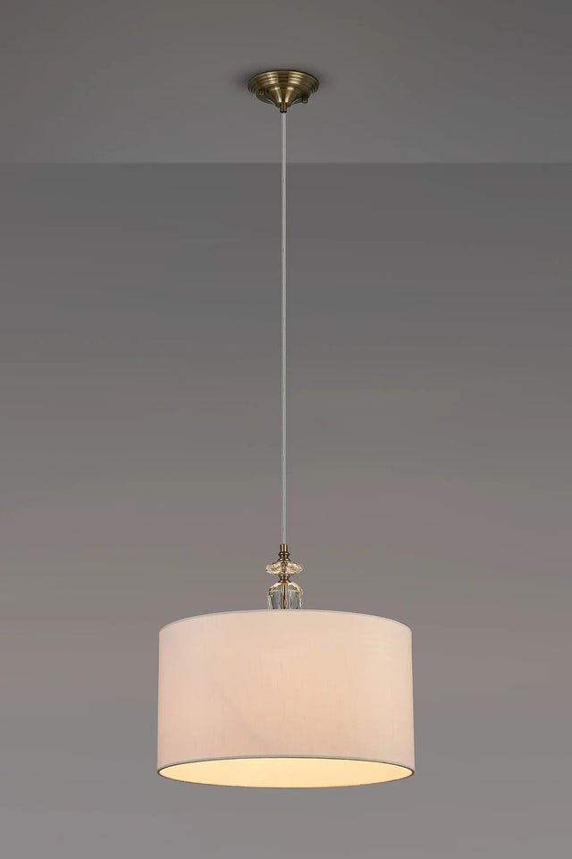 Embieton 1.9m Crystal Pendant, 1 Light E27, Antique Brass/Clear Crystal/Ivory 40x22cm Faux Silk Shade