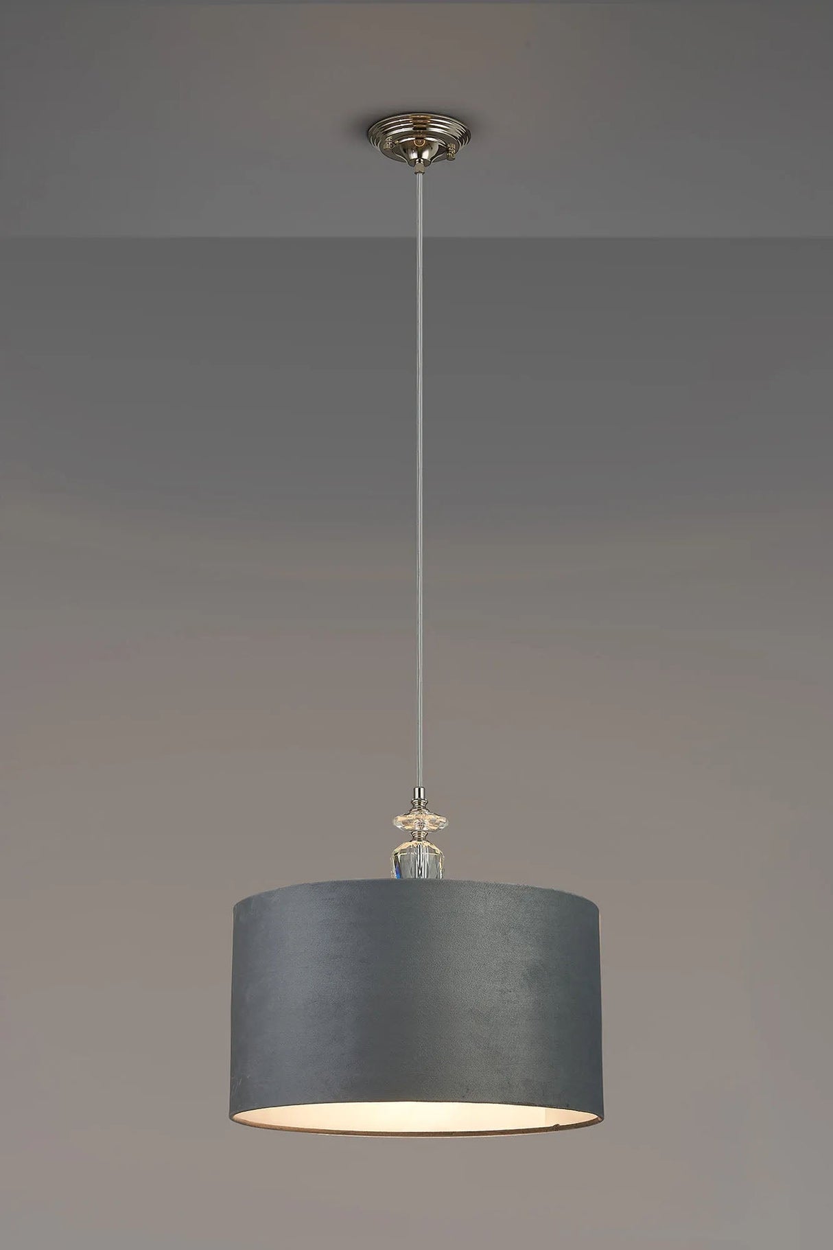 Embieton 1.9m Crystal Pendant, 1 Light E27, Antique Brass/Clear Crystal/Dark Grey/Silver 40x22cm Velvet Shade