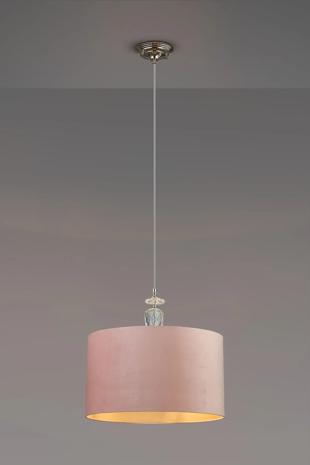 Embieton 1.9m Crystal Pendant, 1 Light E27, Antique Brass/Clear Crystal/Pebble 40x22cm Faux Silk Shade