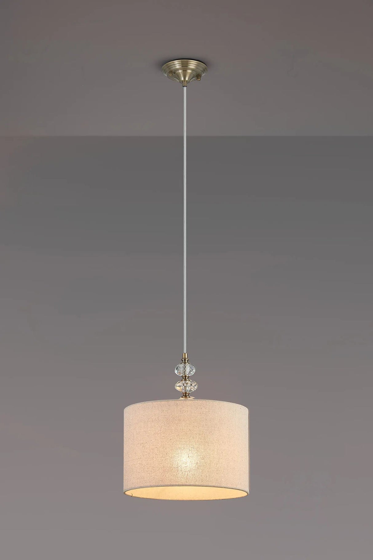 Embieton 1.9m Crystal Pendant, 1 Light E27, Antique Brass/Clear Crystal/Sandstone 30x20cm Linen Shade
