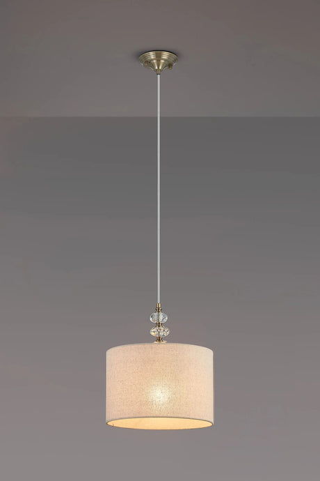 Embieton 1.9m Crystal Pendant, 1 Light E27, Antique Brass/Clear Crystal/Sandstone 30x20cm Linen Shade