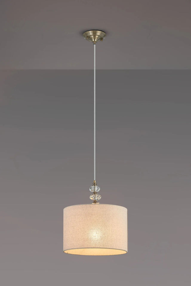 Embieton 1.9m Crystal Pendant, 1 Light E27, Antique Brass/Clear Crystal/Sandstone 30x20cm Linen Shade
