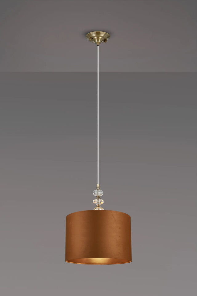 Embieton 1.9m Crystal Pendant, 1 Light E27, Antique Brass/Clear Crystal/Burnt Orange/Copper 30x20cm Velvet Shade