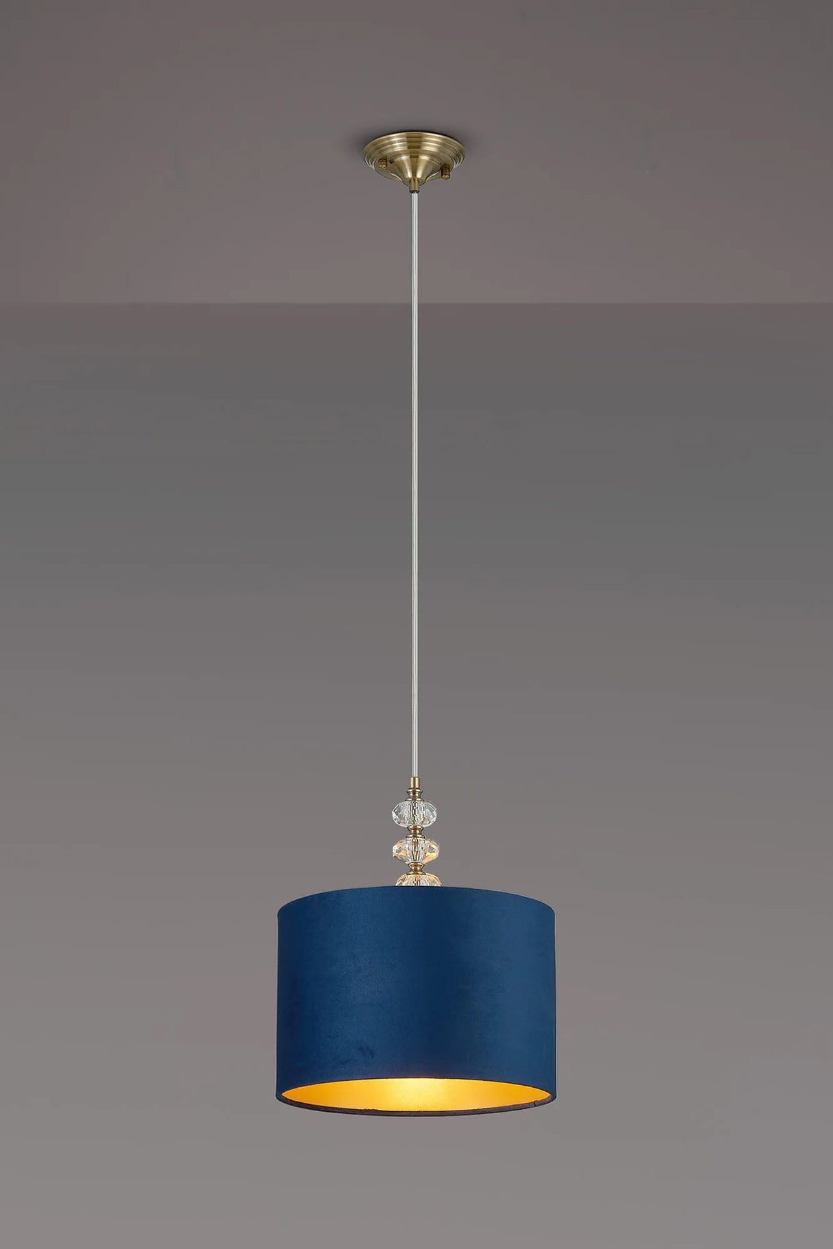 Embieton 1.9m Crystal Pendant, 1 Light E27, Antique Brass/Clear Crystal/Navy/Gold 30x20cm Velvet Shade