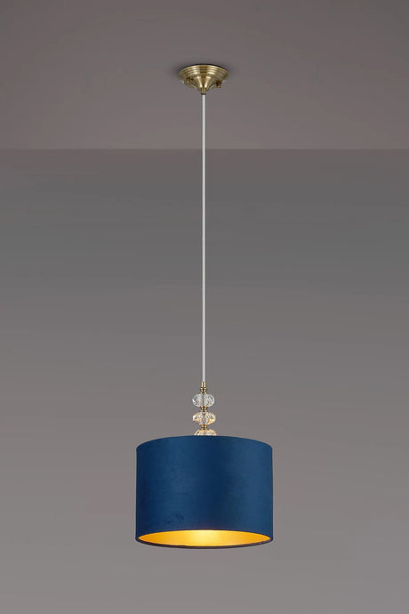 Embieton 1.9m Crystal Pendant, 1 Light E27, Antique Brass/Clear Crystal/Navy/Gold 30x20cm Velvet Shade