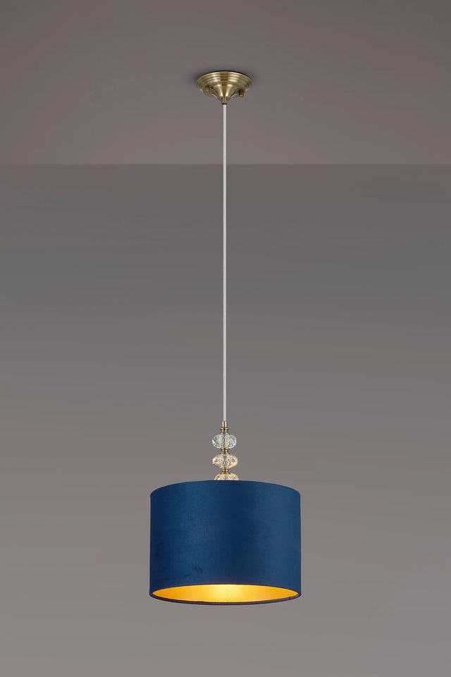 Embieton 1.9m Crystal Pendant, 1 Light E27, Antique Brass/Clear Crystal/Navy/Gold 30x20cm Velvet Shade