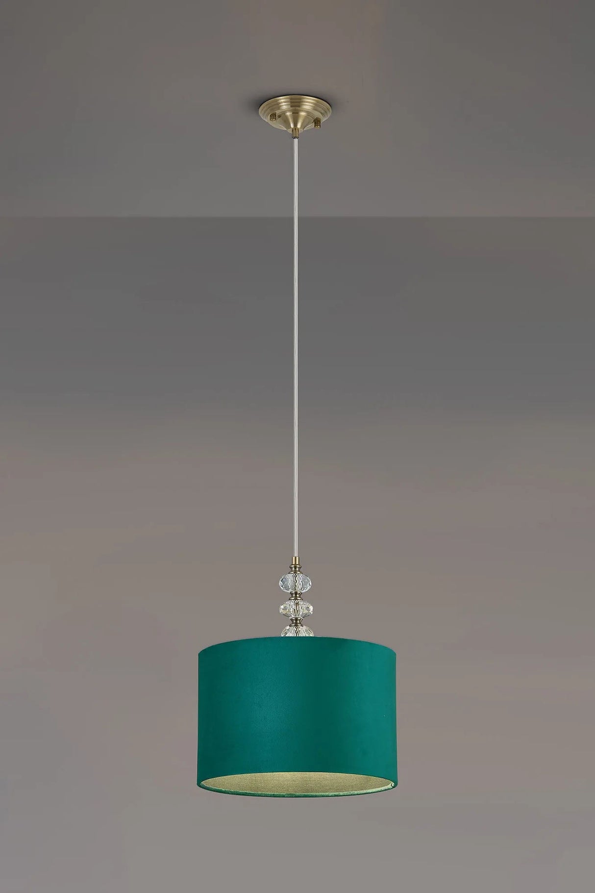 Embieton 1.9m Crystal Pendant, 1 Light E27, Antique Brass/Clear Crystal/Teal 30x20cm Velvet Shade
