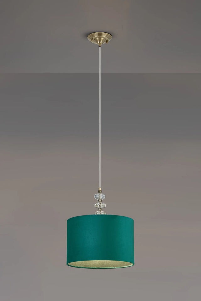 Embieton 1.9m Crystal Pendant, 1 Light E27, Antique Brass/Clear Crystal/Teal 30x20cm Velvet Shade