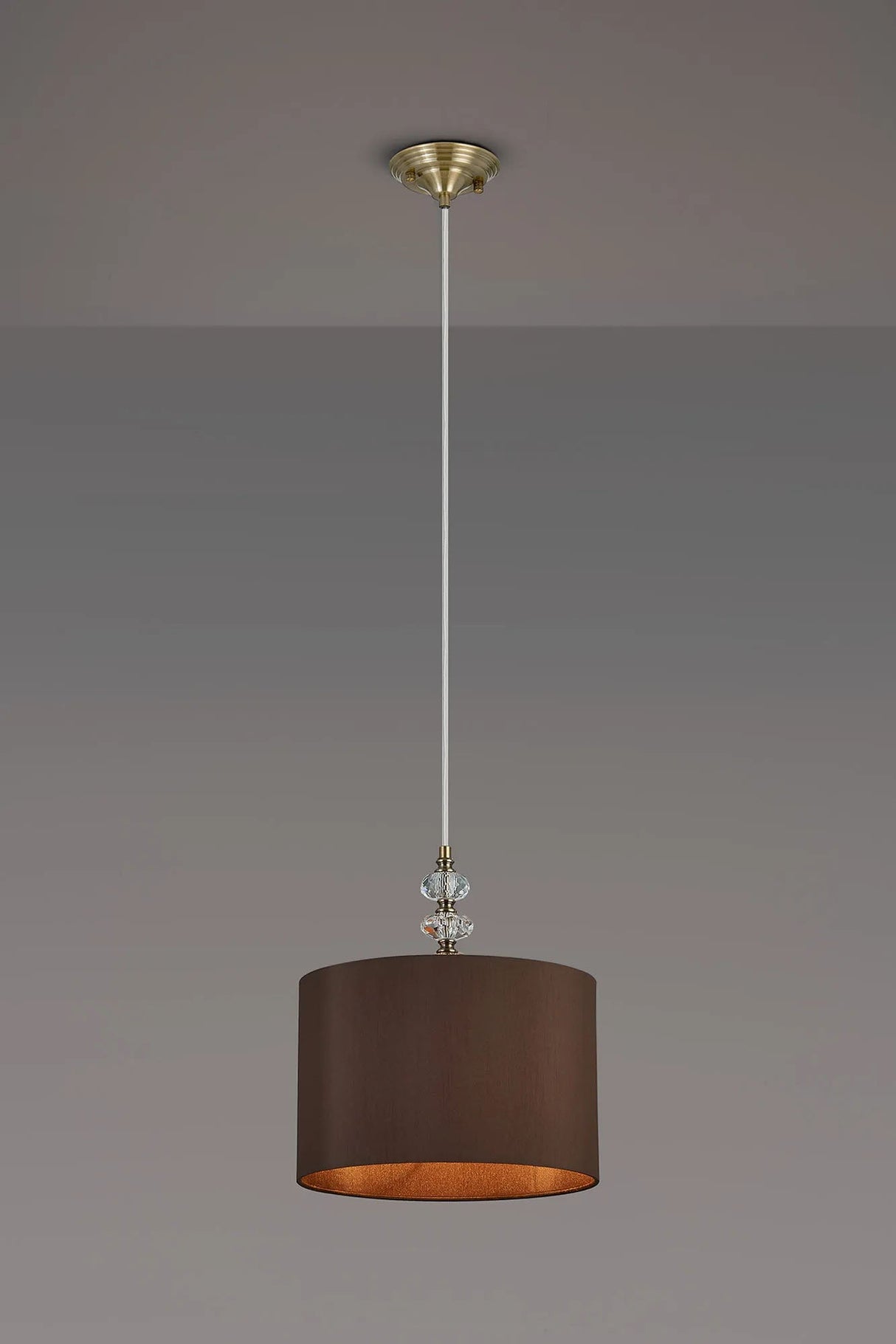 Embieton 1.9m Crystal Pendant, 1 Light E27, Antique Brass/Clear Crystal/Chocolate 30x20cm Faux Silk Shade