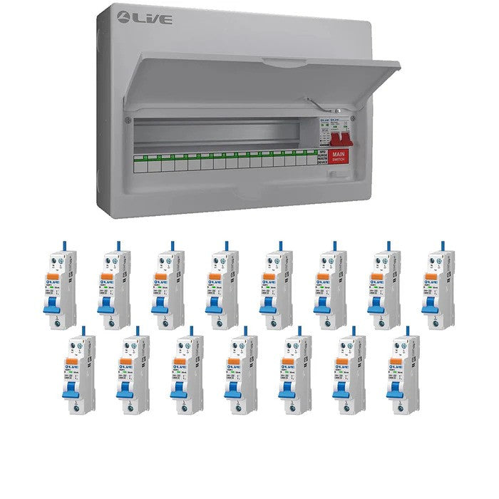 Live Electrical LSMC18M-SP 18-Way Metal 100A Main Switch DP SPD Loaded  with 12 RCBO's  Consumer Unit (15 Useable Ways)