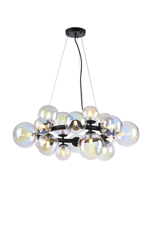 Ferguson Circular Pendant, 16 x G9, Satin Black, Iridescent Plated Glass