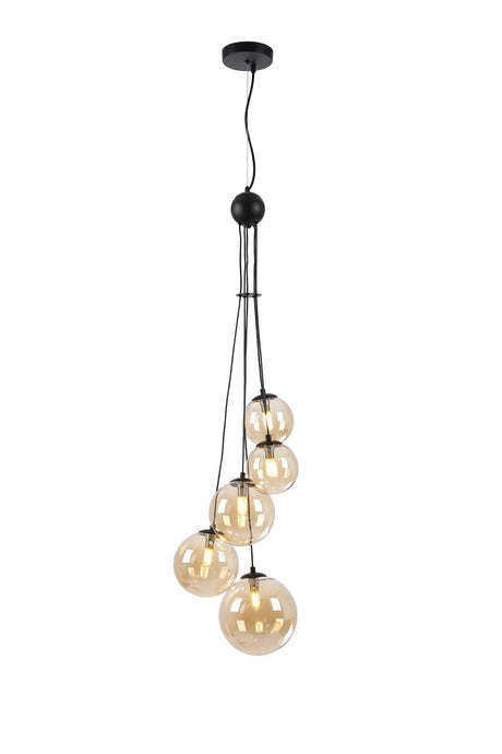 Ferguson Pendant, 5 x G9, Satin Black, Amber Plated Glass